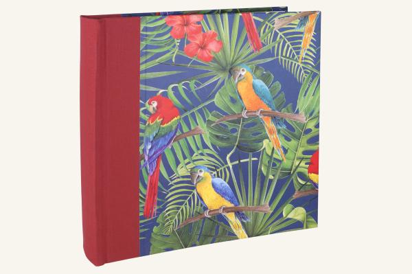 High-quality photo album with a red linen spine and a parrot motif